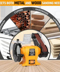 Tough As Nails 2 IN 1 Bench Grinder And 2X27 Inch Belt Sander Combo showing metal and wood sanding capabilities.