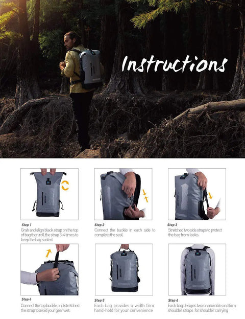 Waterproof Dry Backpack For Men 20L showing instructions for use during kayaking, hiking, and camping in the forest.