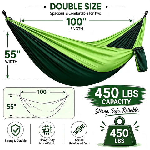 Double Camping Hammock All-In-One Set In Fruit Green Gradient No Knots Needed Extra Large And Ultra-Strong Supports Up To 450 Lbs