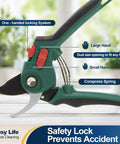 Close-up of two pack garden pruning shears for quick clean cuts and smooth trim with ergonomic handle and locking system.