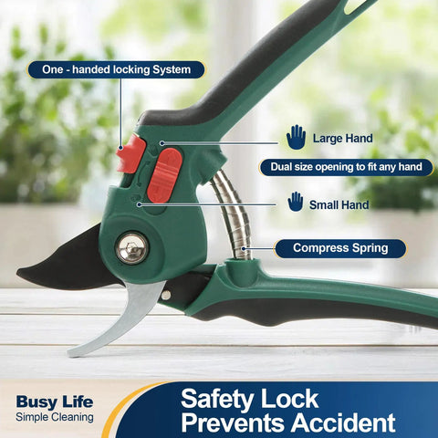 Close-up of two pack garden pruning shears for quick clean cuts and smooth trim with ergonomic handle and locking system.