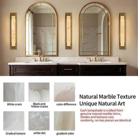 LuminaBrass Alabaster Wall Sconce, Solid Brass Home Indoor Wall Lighting paired with elegant mirrors in a modern bathroom.
