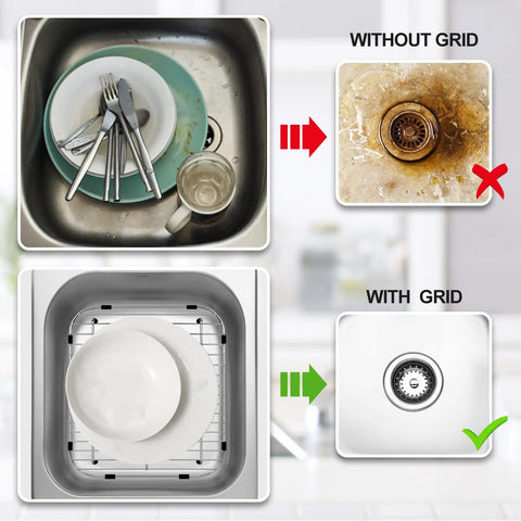 Two Pack 304 Stainless Steel Sink Grids For Rear Drain Sinks Built To Last Durable Kitchen Sink Protectors in use, showing clean sink with grid versus stained sink without grid.