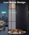 15.6 Cubic Foot Side By Side Refrigerator In Sleek Black with low noise design showcased, ideal for peaceful homes, featuring sleeping pets.