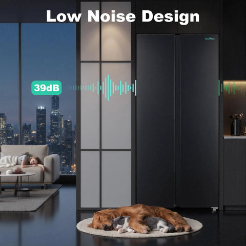 15.6 Cubic Foot Side By Side Refrigerator In Sleek Black with low noise design showcased, ideal for peaceful homes, featuring sleeping pets.