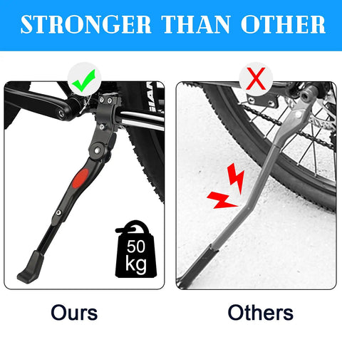 Comparison of adjustable bicycle kickstands showing strength of heavy-duty aluminum alloy stand vs weaker option.