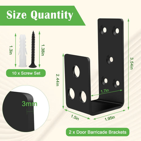 Heavy Duty 2x4 Door Barricade Brackets U Bracket with screws, showing dimensions, in rust resistant black coating.