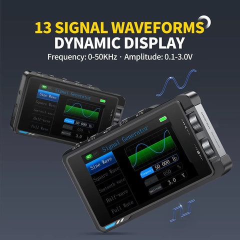 2-In-1 Handheld Oscilloscope With DDS Signal Generator showing dynamic display of 13 signal waveforms on screen