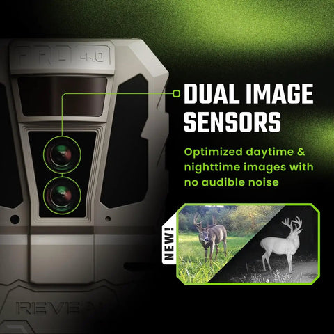 Close-up of Top Shelf Cellular Trail Camera With 4K Ultra HD Night Vision and Waterproof Build showcasing dual image sensors.