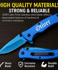 Badass Custom Engraved Pocket Knife With Titanium Coated Blade 2.75 Inch 3CR13 Stainless Steel Blue Handle And Pocket Clip