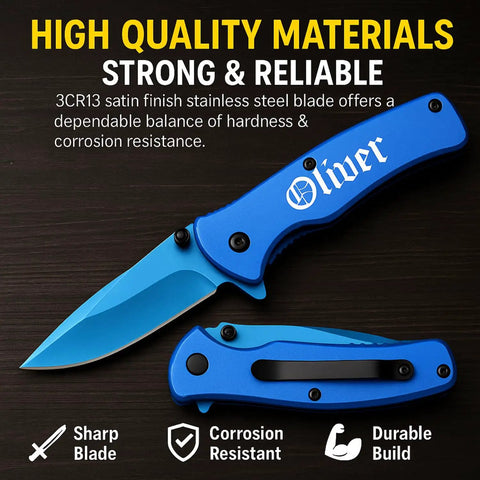 Badass Custom Engraved Pocket Knife With Titanium Coated Blade 2.75 Inch 3CR13 Stainless Steel Blue Handle And Pocket Clip