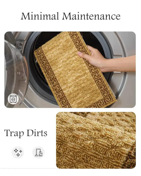 Hand placing yellow stair carpet mat into washing machine, showcasing minimal maintenance of Non Slip Stair Treads For Wood Steps.
