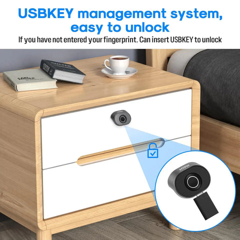 Bluetooth Fingerprint Cabinet Lock With Smart Biometric Keyless Access shown on wooden file drawer with USB key backup