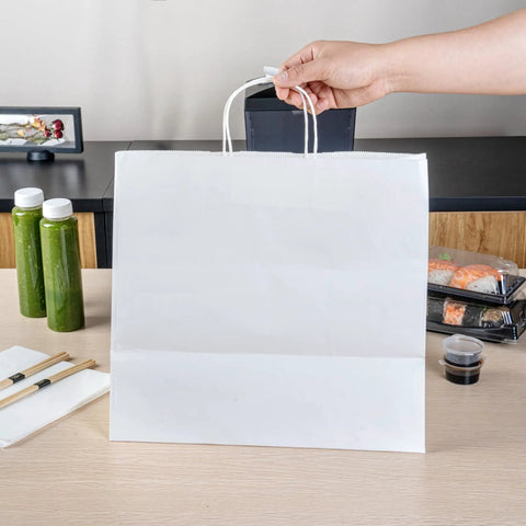 Sturdy White Paper Shopping Bags With Handles 14.2 By 8.3 By 13.2 Inches 100 Pack Durable Grocery Gift Bags For Stores