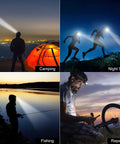 Two Pack Rechargeable Headlamps For Outdoor Adventures With 1100 Lumen LED Beastly Bright White And Red Light, Waterproof, in use for camping, night sports, fishing, repairing showcased in four scenes.