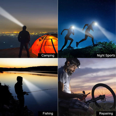Two Pack Rechargeable Headlamps For Outdoor Adventures With 1100 Lumen LED Beastly Bright White And Red Light, Waterproof, in use for camping, night sports, fishing, repairing showcased in four scenes.