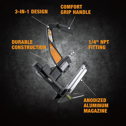 3-In-1 Pneumatic Flooring Nailer And Stapler, 15.5-Gauge Staples And 16-Gauge Cleats, 2-Inch Capacity, anodized aluminum magazine
