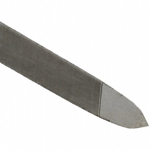 Close-up of 6 Inch Triangle Taper File, Extra Slim, Single Cut, Pro Grade American Pattern Saw File for Tight Angles, sharpened edge.