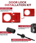 No Sweat Door Hinge Jig And Lock Installation Kit, Rock Solid Aluminum Router Template, adjustable guide template and hole saws.