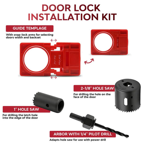 No Sweat Door Hinge Jig And Lock Installation Kit, Rock Solid Aluminum Router Template, adjustable guide template and hole saws.