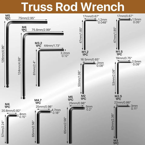 Guitar Truss Rod Wrench Set Of 23 Pieces For Gearheads With 4mm 5mm 1.2mm 1.5mm 2mm 2.5mm 3mm 3.2mm 4mm 4.7mm 5mm And 6.35mm 7mm 8mm Hex Box Wrenches Plus Fretboard Radius Gauge For Precise Neck Adjustments, assorted L-shaped steel wrenches