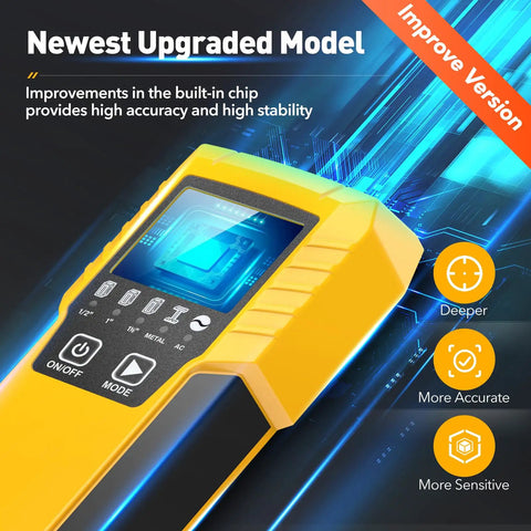5 In 1 Wall Scanner And Stud Locator For Wood And Metal with digital display and mode buttons, improved version in yellow casing