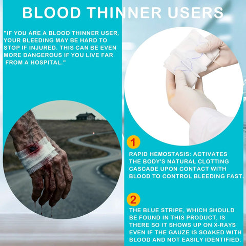 Gauze-based first aid infographic showing a wrapped wrist and a gloved hand applying gauze on blue background.