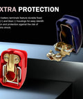 Two Pack Quick Release Battery Clamps For Cars Trucks And SUVs, Easy Snap On Quick Disconnect Terminals, Universal Copper Galvanized Battery Clamp Set In Blue And Red, Secure Connection, showing red and blue clamps.