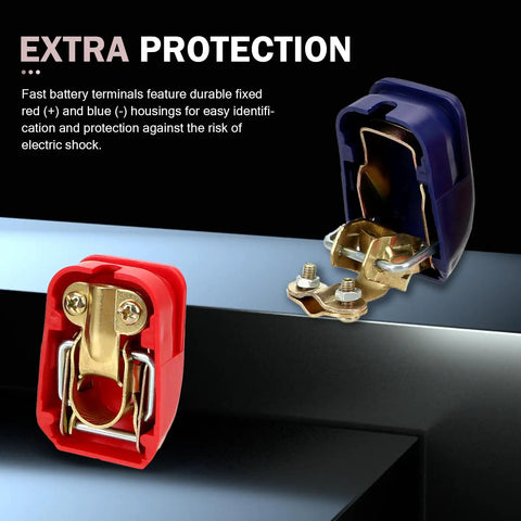 Two Pack Quick Release Battery Clamps For Cars Trucks And SUVs, Easy Snap On Quick Disconnect Terminals, Universal Copper Galvanized Battery Clamp Set In Blue And Red, Secure Connection, showing red and blue clamps.