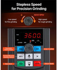 Badass 1500W Two Horsepower Belt Sander Grinder With Slick Variable Speed Dial And Versatile Three In One Setup For Metalworking And Knife Making Includes Tough Sanding Belts Plus Sturdy Tool Rest For Knockout Shop Builds, showing a digital speed controller with RPM settings.