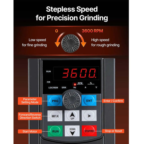 Badass 1500W Two Horsepower Belt Sander Grinder With Slick Variable Speed Dial And Versatile Three In One Setup For Metalworking And Knife Making Includes Tough Sanding Belts Plus Sturdy Tool Rest For Knockout Shop Builds, showing a digital speed controller with RPM settings.