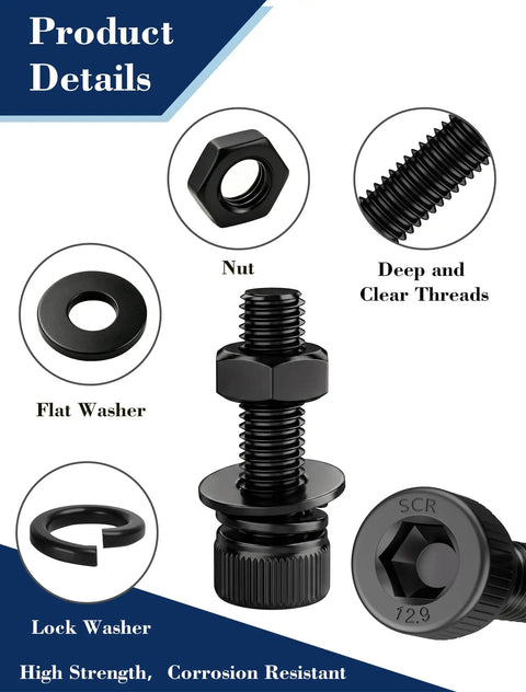 Tough As Nails 800 Piece M3 Screw Assortment Kit Knockout Deal featuring black hex nut, flat washer, and socket head cap bolt.