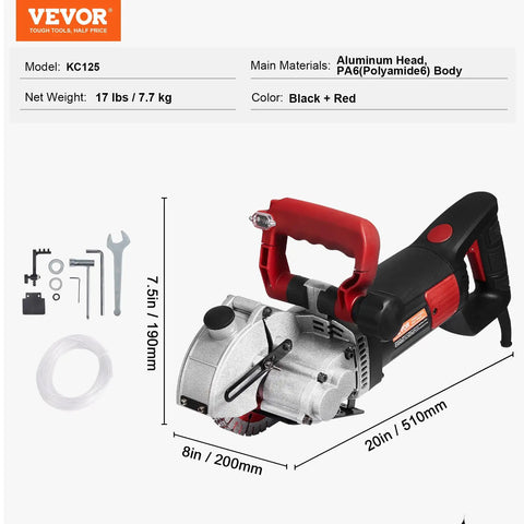 Powerful 4800W Wall Chaser With Laser Guide 6500 RPM showing tool, accessories, dimensions 8x20 in, aluminum head, black and red