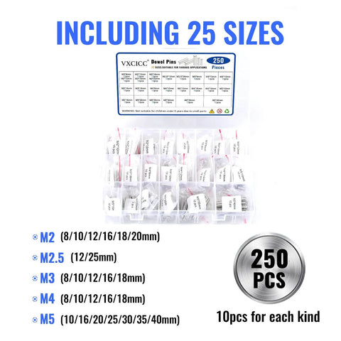 250 Pieces Stainless Steel Dowel Pins Set For DIY Shelving Cabinets Bunk Beds And Furniture Projects Featuring 10 Of Each Size From M2 To M5 Durable Rust Resistant Hardware For Pegs And Shelf Brackets, shown in organized labeled case with sizes listed including M2 to M5.