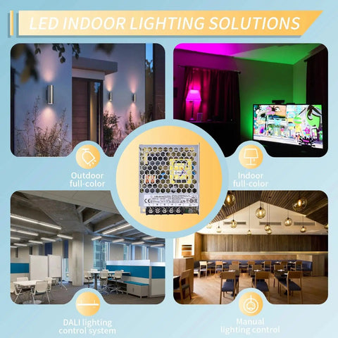 Heavy Duty Switching Power Supply 24V 1.5A 36W Fanless Metal Enclosure shown in use for indoor lighting solutions.