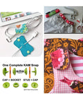 Collage showing 100 Sets Plastic Snap Buttons Size 20 T5 Glossy Round Resin Fasteners for Cloth Diapers Baby Bibs Nappies in use.
