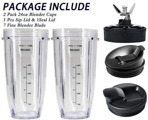 24 Ounce Cups With ToGo Lids For Nutri Ninja Auto IQ Series Blenders Replacement Blade With 7 Fin Extractor, 2 Pack Cups And Lids Pack
