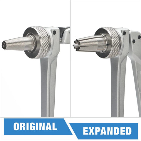 Close-up of PEX Expansion Tool Kit with Auto Rotation Expander Heads showing original and expanded states side by side.