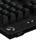 Fire Black Rgb Mechanical Gaming Keyboard With Clicky Switches And Lightsync Customizable Backlighting Plus Easy Access Usb Passthrough Port For Serious Playtime Vibes Renewed close-up showing keys and USB port.