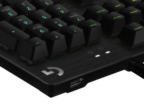 Fire Black Rgb Mechanical Gaming Keyboard With Clicky Switches And Lightsync Customizable Backlighting Plus Easy Access Usb Passthrough Port For Serious Playtime Vibes Renewed close-up showing keys and USB port.