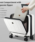 Lightweight 16 Inch Carry On Luggage With Dual Compartments For 14 And 15 Inch Laptops, showing front pocket for tablet