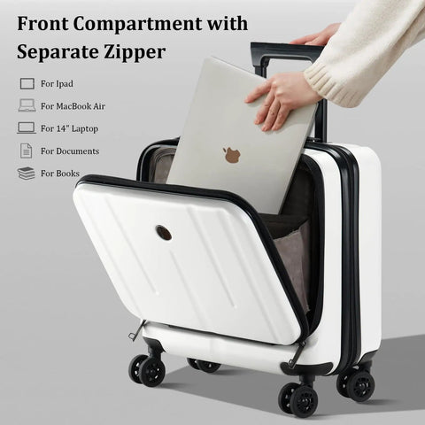 Lightweight 16 Inch Carry On Luggage With Dual Compartments For 14 And 15 Inch Laptops, showing front pocket for tablet