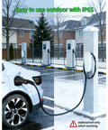 Built Tough Tesla To J1772 Charging Adapter With Secure Lock IP65 Weatherproof Housing Handles Up To Eighty Amps charging EV in snowy parking lot.