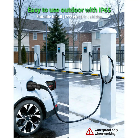 Built Tough Tesla To J1772 Charging Adapter With Secure Lock IP65 Weatherproof Housing Handles Up To Eighty Amps charging EV in snowy parking lot.