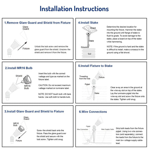 Installation instructions for Low Voltage LED Landscape Lights Kit Eight Pack For Driveway Yard Lawn And Patio Warm White 12V AC DC Waterproof Spotlight Set For Trees Walls Flags And Outdoor Decor Easy Install.