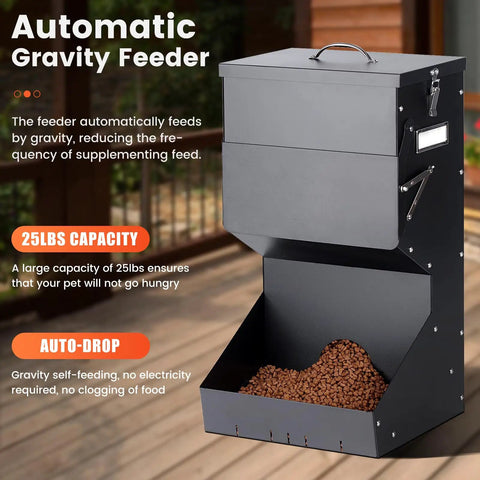 Built Tough Automatic Dog Feeder For Large Breeds Outdoor Gravity Pet Food Dispenser With 25 Pound Capacity close-up of feeding mechanism.