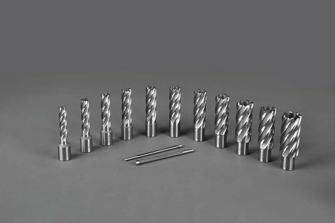 Annular cutter set, 13 pcs, 3/4 inch Weldon shank, HSS, front view with two pilot pins