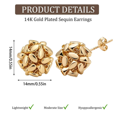 Sparkly Sequin Ball Stud Earrings For Women With 14K Gold Plated Sterling Silver Posts Delicate Woven Hollow Sphere Design, 14mm
