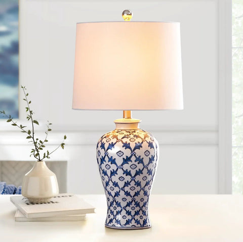 Blue Ceramic Table Lamp With White Fabric Shade Chinoiserie Urn Style Hand Painted Detail Brings Cozy Coastal Vibe To Bedroom Living Room Office Or Study Adds Classic Color And Elegant Ambience