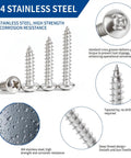 Four 304 stainless steel Phillips pan head screws displayed with focus on their high strength and corrosion resistance.